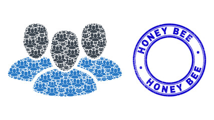 Canvas Print - Vector user group icon collage is created from repeating self user group parts. Honey Bee unclean blue round stamp seal. Recursive mosaic from user group icon.