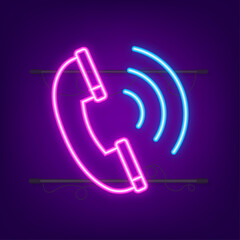 Sticker - Neon phone communication icon. Vector stock illustration.