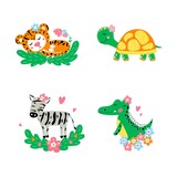 Fototapeta Dziecięca - Set of cute wild animals with flowers. Vector kids illustration
