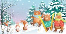 Christmas Winter Holidays Scene In Forest Snowy Landscape. Bears And Rabbits Skiing Meeting In Woodland Snowdrifts. Merry Christmas Watercolor Style Postcard Vector Graphic.