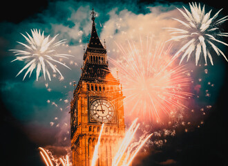 Sticker - New Year in the city - Big Ben with fireworks