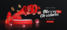Merry Christmas And Happy New Year With 3d Gift Boxes On Podium And Christmas Ornaments. Red Megaphone With Number 50 Percent. 3d Rendering.