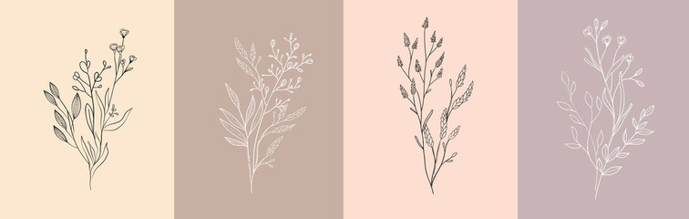 Floral bouquet. Hand drawn wedding branch herb, minimalist flowers with elegant leaves for invitation save the date card design. Botanical rustic trendy greenery vector