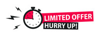 Red Limited Offer Hurry Up With Clock For Promotion, Banner, Price. Label Countdown Of Time For Offer Sale Or Exclusive Deal.Alarm Clock