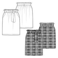 Wall Mural - Women's Paper Bag Plaid Skirt fashion vector sketch, Apparel template