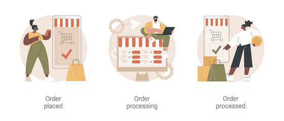 Fototapete - online store purchase abstract concept vector illustration set. order placed and processed, shipping