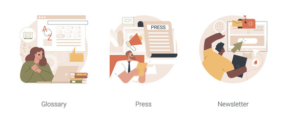 Poster - Company web page interface abstract concept vector illustration set. Glossary, press about us, articles and publications, subscribe for newsletter, corporate news, landing page abstract metaphor.