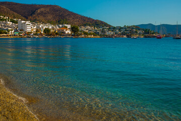 Wall Mural - BODRUM, TURKEY: View of Bodrum Beach, Aegean sea, traditional white houses, marina, sailing boats, yachts in Bodrum.