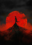 A lone ninja stands on a mountain at night, against the backdrop of a red moon.