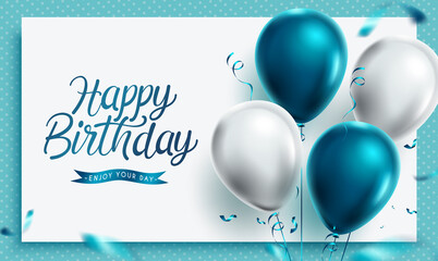 Canvas Print - Happy birthday vector template background. Happy birthday greeting text in white board with blue balloons celebration elements for birth day card decoration. Vector illustration
