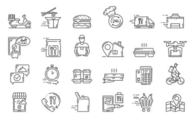 Poster - Food delivery icons, fast online order and shipping service vector symbols. Scooter, wok box, burger and toque, payment, delivery linear icons. Courier, clock, shopping trolley, map and phone tube
