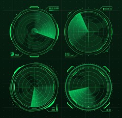 Fototapete - HUD military radar or sonar display screen interface of submarine, ship and airplane navigation. Futuristic vector digital monitors with grid map and green neon objects, Sci Fi game ui or gui