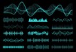HUD sound waves, audio equalizer and voice control frequency flow elements set. Radio signal, music waveform and soundwave spectrum, sound volume, vibration power neon vector curves