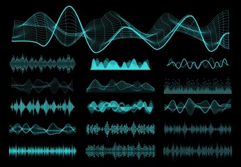 Fototapete - HUD sound waves, audio equalizer and voice control frequency flow elements set. Radio signal, music waveform and soundwave spectrum, sound volume, vibration power neon vector curves