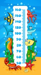 Wall Mural - Kids height chart with underwater cartoon sea animals. Vector growth measure meter wall sticker with stadiometer ruler on background with ocean fish, octopus, shark and crab, sea turtle and starfish