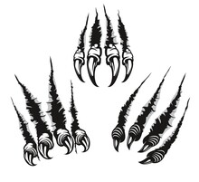 Monster Claw Mark Scratches Of Dragon With Long Nails. Vector Fingers Tear Through Paper Or Wall Surface. Beast Paw Sherds, Wild Animal Rips, Four Talons Traces Break Isolated On White Background