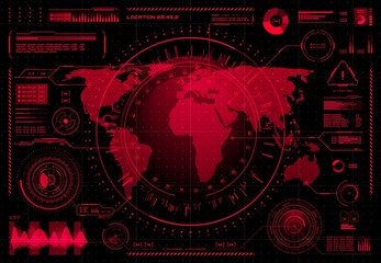 Leinwandbilder - HUD ui, futuristic user interface and infographics with danger, warning, hacking, viruses or trojan alert signs. Red vector hologram of dashboard panel digital screen with world map and graphs