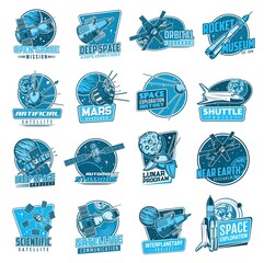 Poster - Space discovery, cosmos research and satellites technology icons. Artificial satellites and orbital space station, rocket and shuttle spaceship vector. Galaxy exploration mission retro icons