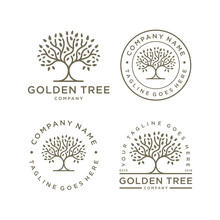 Set Of Golden Tree Oak Banyan Maple Emblem Logo Design Vector Template