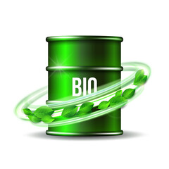 Green barrel of biofuel with word BIO and green leaves