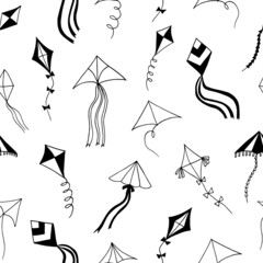 kites seamless pattern hand drawn doodle. vector, minimalism, scandinavian, monochrome, nordic. toy, sky, wind, flying, ribbon, tail. wallpaper, textile, background, wrapping paper.