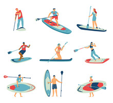 Stand Up Paddle Surfing Water Sport Characters Flat Vector Illustration Isolated.