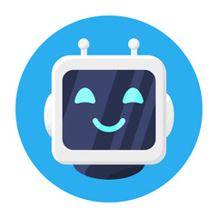 Poster - Happy Smiling Robot Head Icon Isolated. Chat Bot in Circle. Chatbot Robot Greets. Artificial Intelligence, AI Helper. Service and Support Assistant. Cartoon Flat Vector Illustration