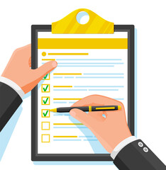 Poster - Clipboard with Checklist and Pen. Questionnaire, Check List, to do list, Survey, Task List. Blue Clip Board with White Paper and Pen. Office Stationery or Paperwork Concept. Flat Vector Illustration