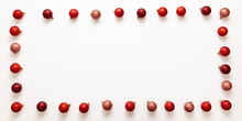 Xmas Red Shades Balls Frame On White Background. Merry Christmas Baubles Card Template