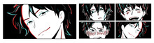 Set Of  Close Up Faces Anime Young Mans. Manga Style Characters With Glitch Effect. Cartoon Face
