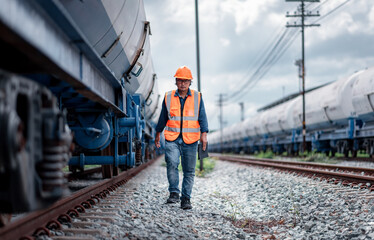 Engineer under inspection and checking construction process railway switch and checking work on railroad station .Engineer wearing safety uniform and safety helmet in work.