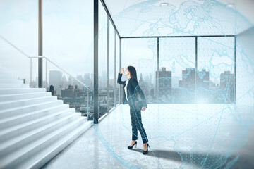 Poster - Attractive young european businesswoman in interior with stairs, digital globe and window with city view. Success, future and travel concept. Double exposure.