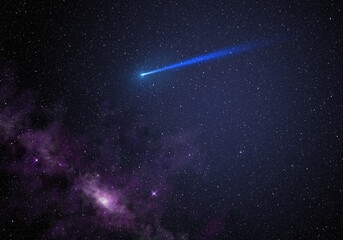 shooting star and nebula in starry night sky.