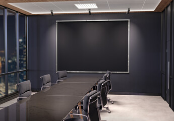 Silver horizontal frame Mockup hanging in office meeting room. Mock up of billboard in modern company interior 3D rendering