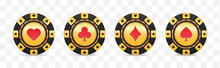 Golden Poker Chips Icons Vector Set. Isolated Realistic Gold Poker Chip Signs On Background. Online Casino Gambling Concept: Spades, Hearts, Diamonds, Clubs. Vector Illustration.