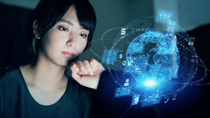 Poster - Young asian woman watching hologram screens. Global communication network.