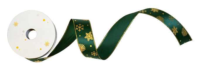 Sticker - Paper spoolof green Christmas ribbon with golden snowflakes for festive decorations isolated