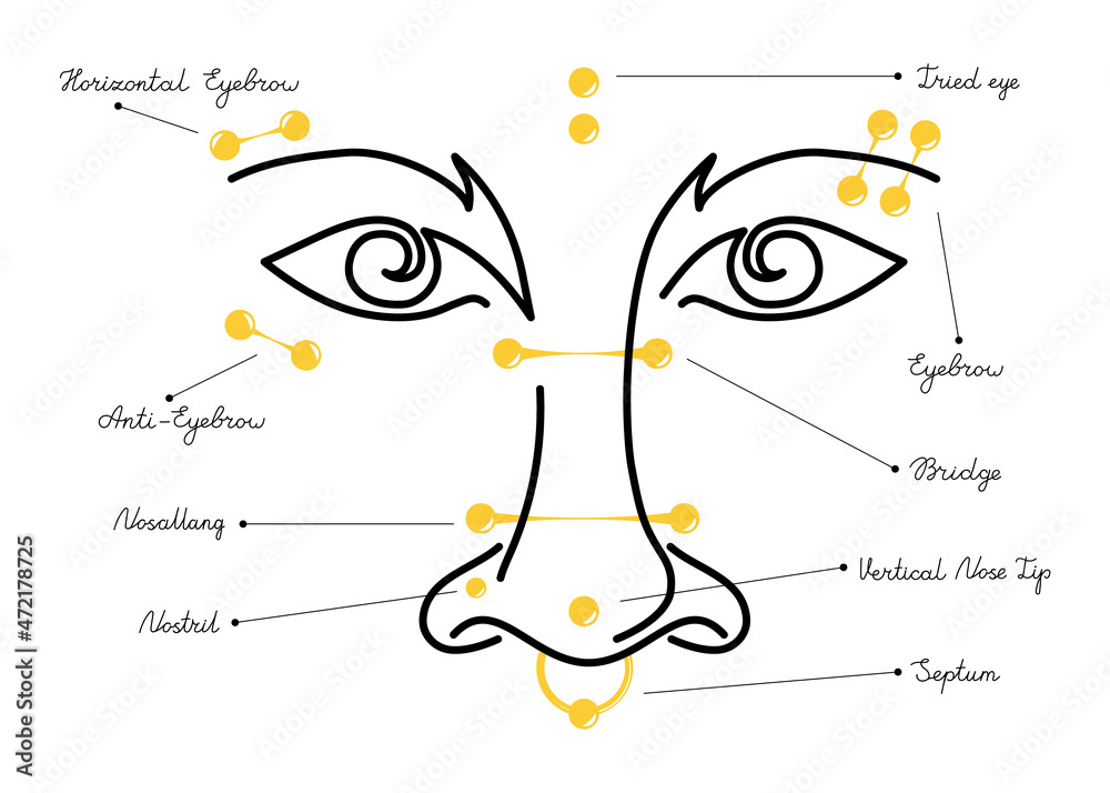 International body piercing day. Icon eyebrow and nose jewelry. vector Line  art face illustration. Stock Vector | Adobe Stock