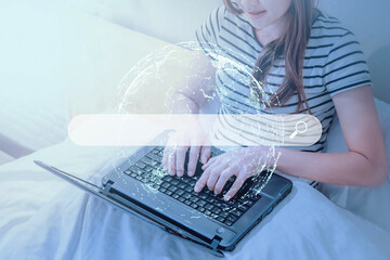 Poster - Adult woman using laptop in the bedroom for searching browsing internet data information. Business concept for Using search with your website.
