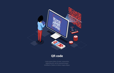 Poster - QR Code Concept Vector Illustration In Cartoon 3D Style. Dark Blue Background, Text. Person Standing Near Computer, Scanning. Money Elements Around. Modern Technology, Tech System, Access And Monitor
