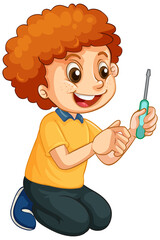Wall Mural - A boy holding a screwdriver on white background