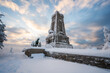 Magnificent panoramic winter view of the Shipka National Monument (Liberty Monument) in a frosty morning, Balkans, Bulgaria.