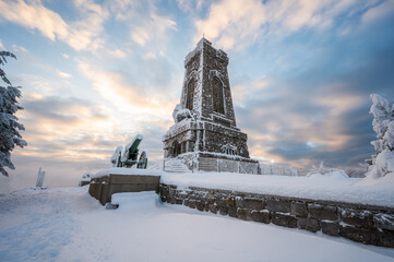 Magnificent panoramic winter view of the Shipka National Monument (Liberty Monument) in a frosty morning, Balkans, Bulgaria.