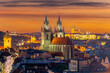 Prague cityscape at sunset with church of Our Lady before Tyn and Prague castle at background, Czech Republic