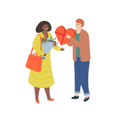 Man is giving a present to a woman for valentine's day. Flat vector illustration.