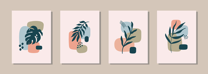 Poster - Abstract vector set wall art with organic shape  and plants on pastel background. Boho wall decor. Trendy  hand drawn illustration 