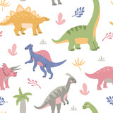 Fototapeta Dinusie - Cartoon cute dinosaurs among tropical plants. Seamless pattern for kids and child. Colourful kawaii prehistoric animals on white background. Hand drawn modern trendy flat vector illustration