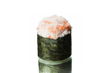 Wall Mural - Gunkan sushi with shrimp and rice wrapped in nori seaweed. Japanese traditional cuisine. Asian Seafood dish isolated on white background with reflection.
