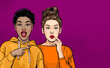 Attractive amazed young women  showing product. Beautiful wow girls pointing to on empty space in comic style. Pop art woman presenting your product. Human emotions, facial expression concept. Sale.Wo