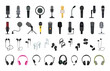 Vector collection of detailed microphones and headphones. Equipment for podcasts and recording studios.